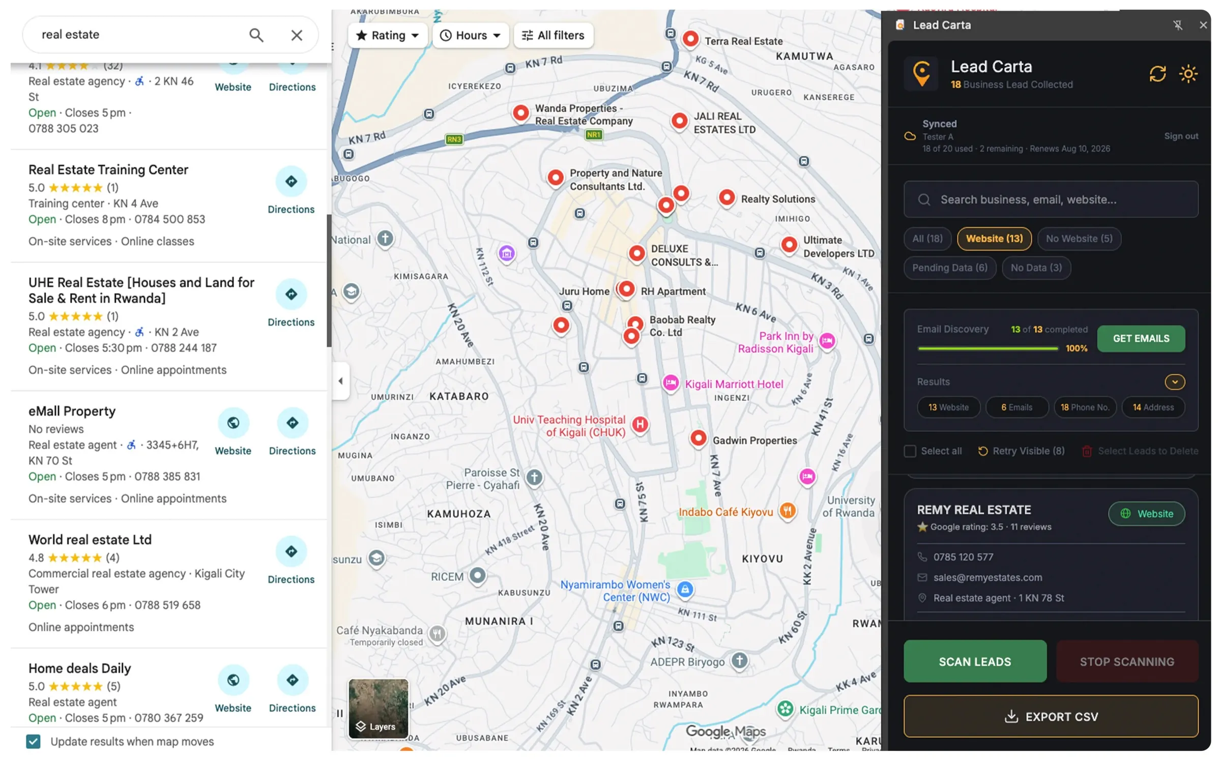 LeadCarta Chrome extension scanning businesses from a Google Maps results page.